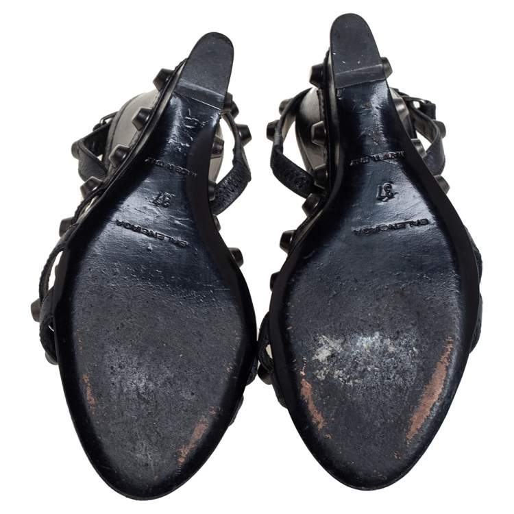 Pre Owned Balenciaga Black Leather Studded Slingback Wedge Sandals Size 37