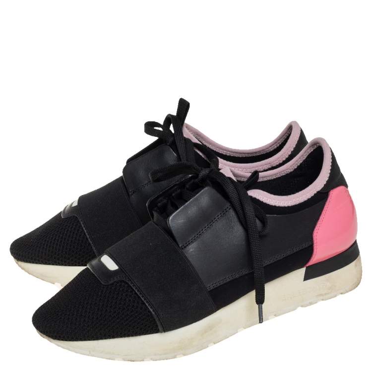 Pre Owned Balenciaga Black/Pink Leather And  Mesh Race Runner Sneakers Size 37