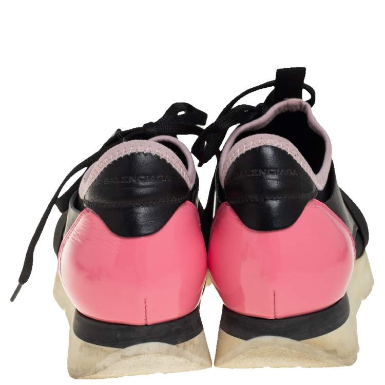 Pre Owned Balenciaga Black/Pink Leather And  Mesh Race Runner Sneakers Size 37