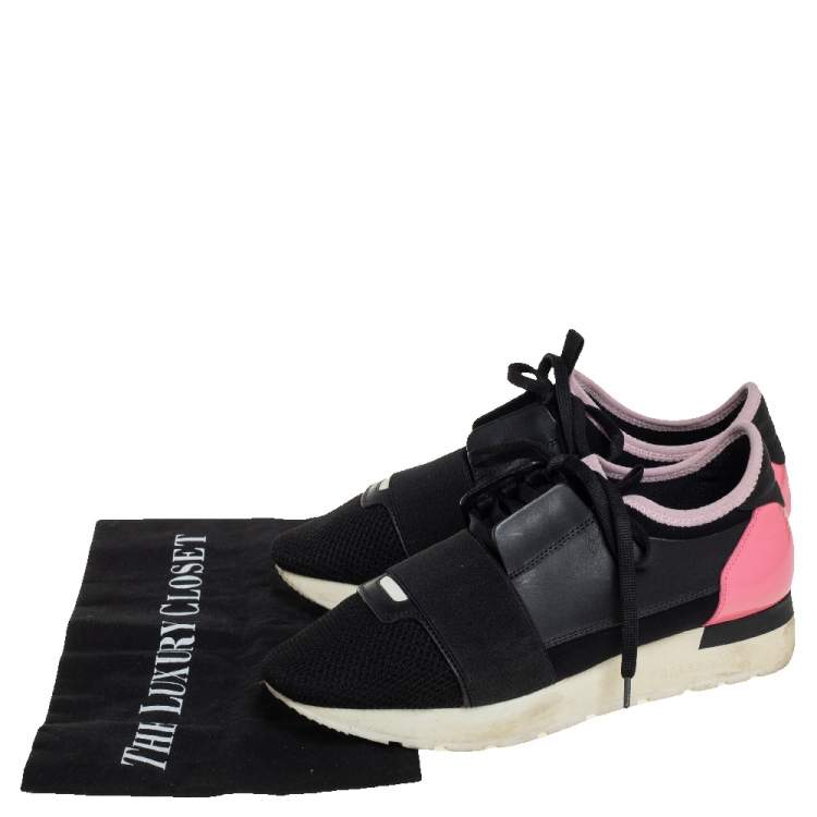 Pre Owned Balenciaga Black/Pink Leather And  Mesh Race Runner Sneakers Size 37