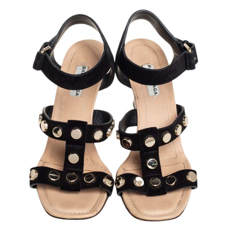 Pre Owned Balenciaga Black Suede Wedge Sandals Size 37