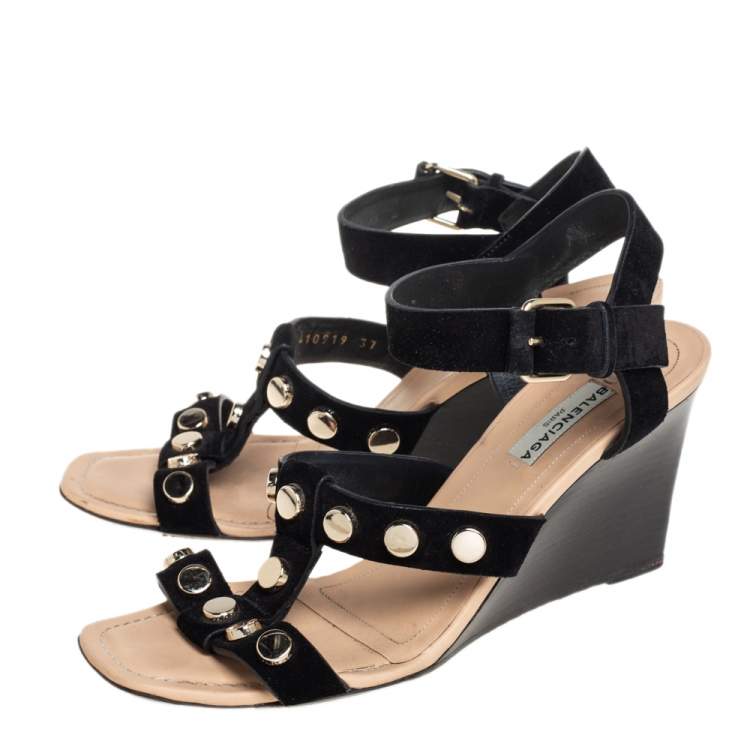 Pre Owned Balenciaga Black Suede Wedge Sandals Size 37