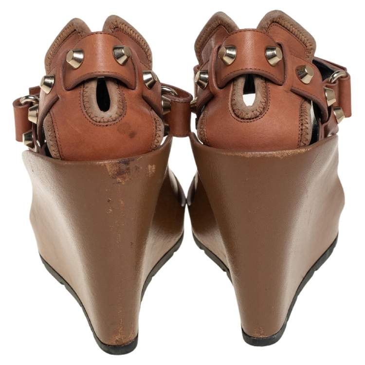 Pre Owned Balenciaga Brown Leather Wedge Ankle Strap Sandals Size 38.5