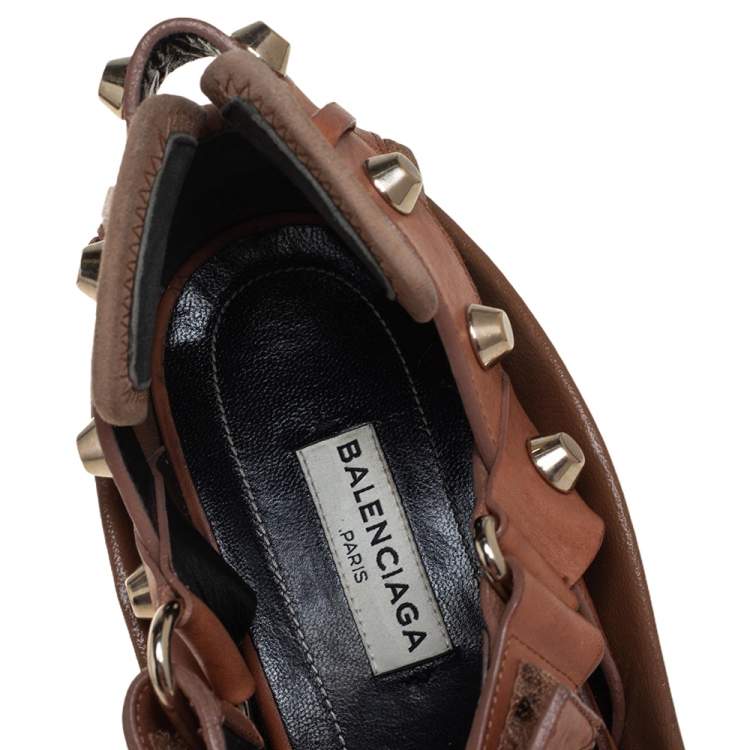 Pre Owned Balenciaga Brown Leather Wedge Ankle Strap Sandals Size 38.5