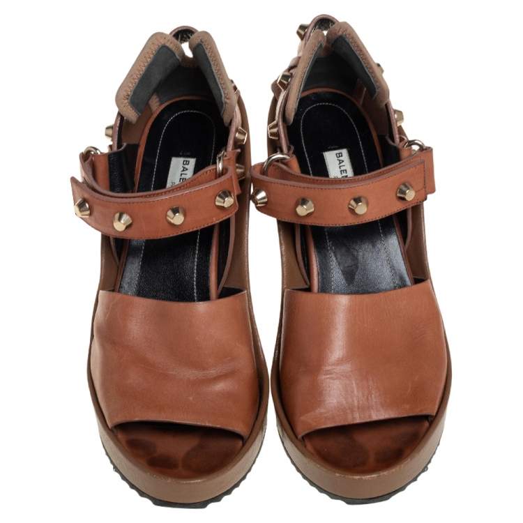 Pre Owned Balenciaga Brown Leather Wedge Ankle Strap Sandals Size 38.5