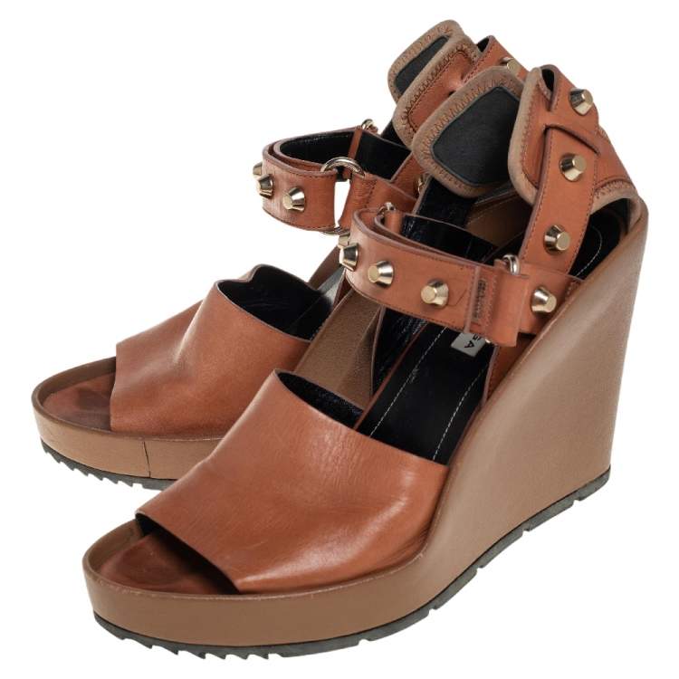 Pre Owned Balenciaga Brown Leather Wedge Ankle Strap Sandals Size 38.5