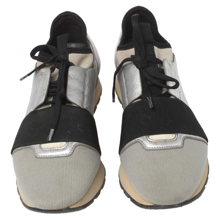 Pre Owned Balenciaga Silver/Black Leather And Fabric Race Runner Sneakers Size 40