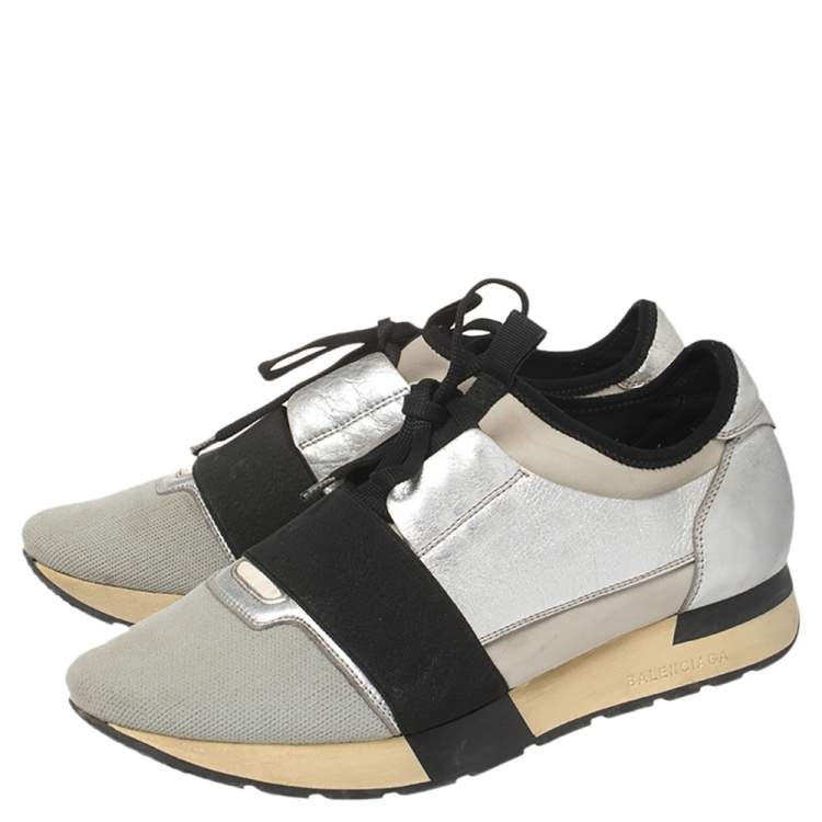 Pre Owned Balenciaga Silver/Black Leather And Fabric Race Runner Sneakers Size 40