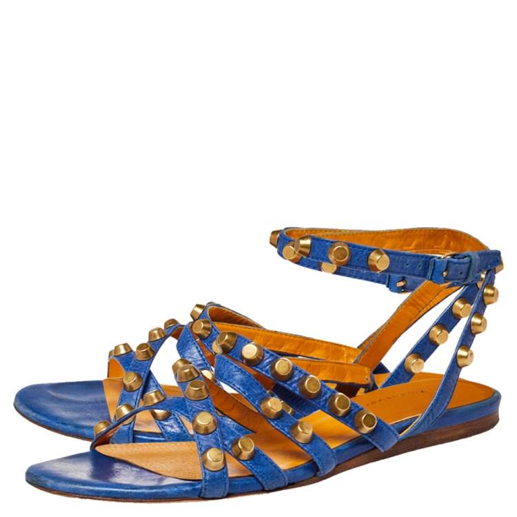 Pre Owned Balenciaga Blue Studded Leather Arena Studded Flat Sandals Size 38