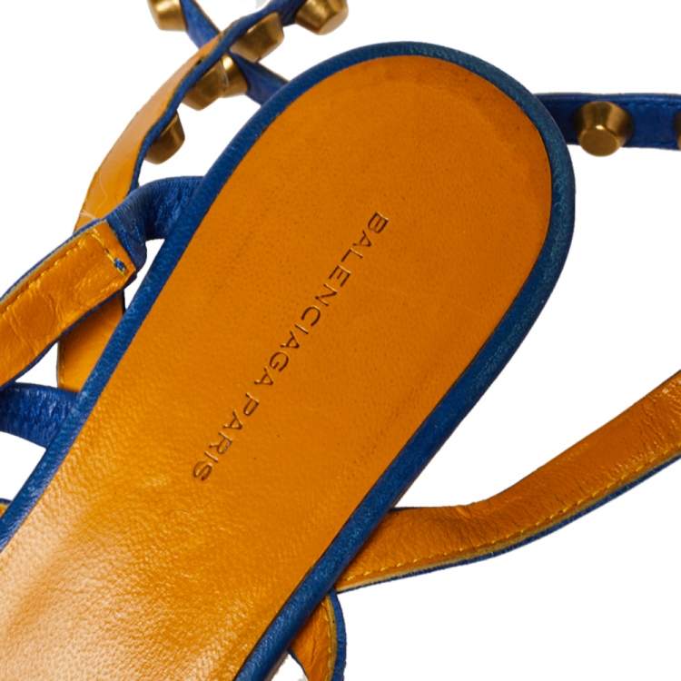 Pre Owned Balenciaga Blue Studded Leather Arena Studded Flat Sandals Size 38