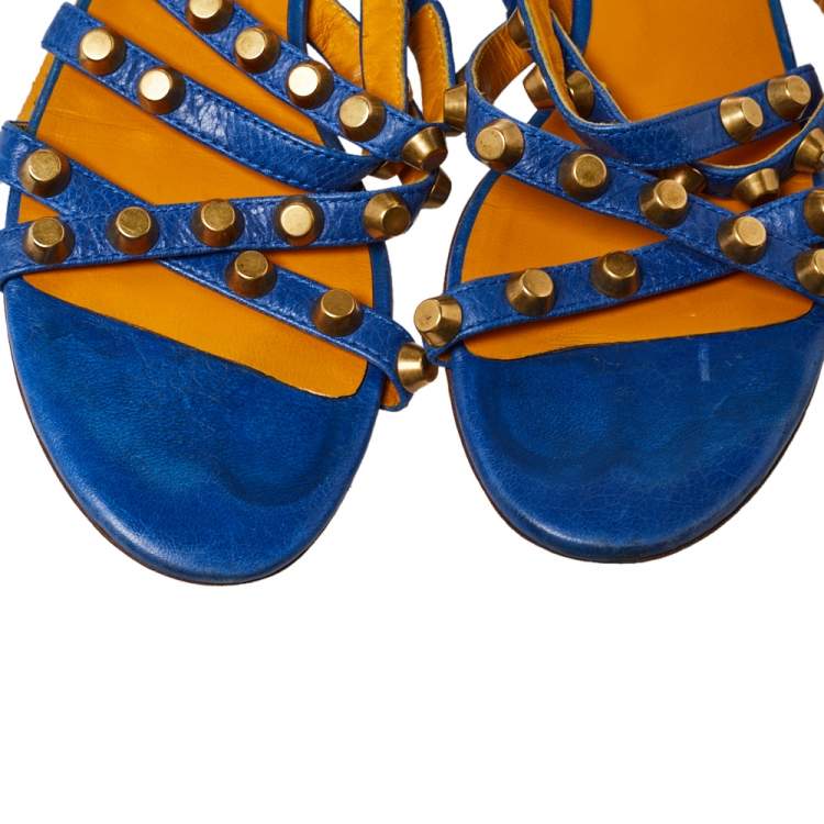 Pre Owned Balenciaga Blue Studded Leather Arena Studded Flat Sandals Size 38