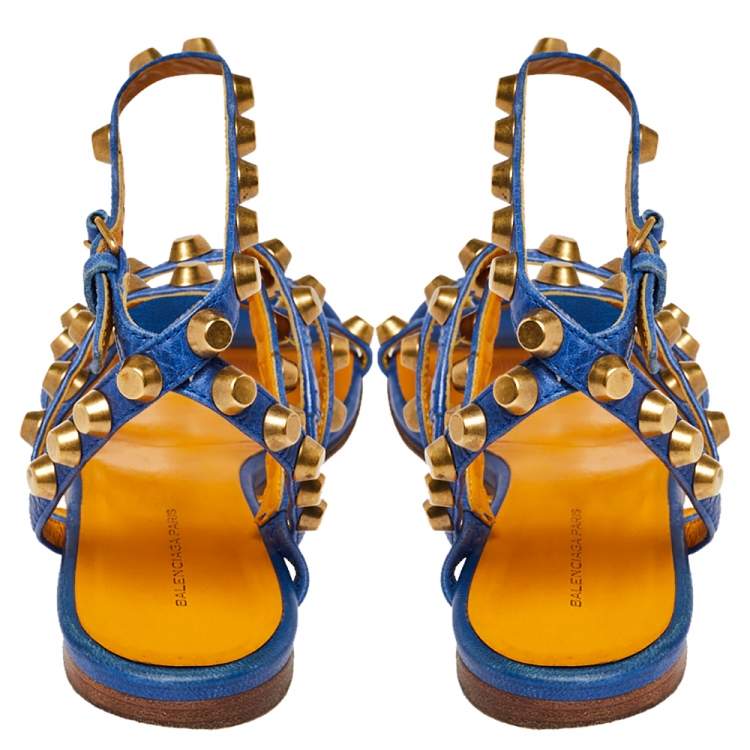 Pre Owned Balenciaga Blue Studded Leather Arena Studded Flat Sandals Size 38