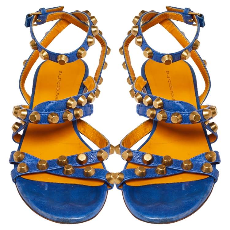 Pre Owned Balenciaga Blue Studded Leather Arena Studded Flat Sandals Size 38