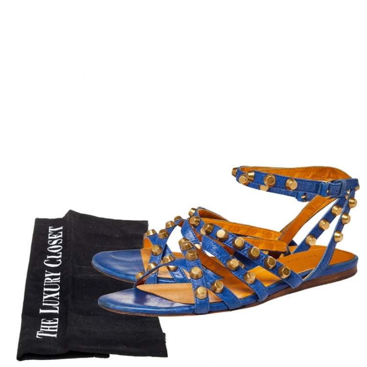 Pre Owned Balenciaga Blue Studded Leather Arena Studded Flat Sandals Size 38