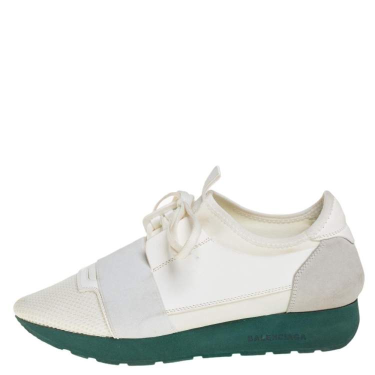 Pre Owned Balenciaga White Leather and Fabric Race Runner Sneakers Size 38