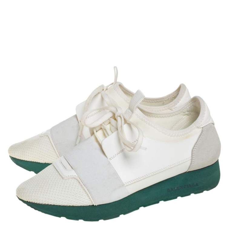 Pre Owned Balenciaga White Leather and Fabric Race Runner Sneakers Size 38