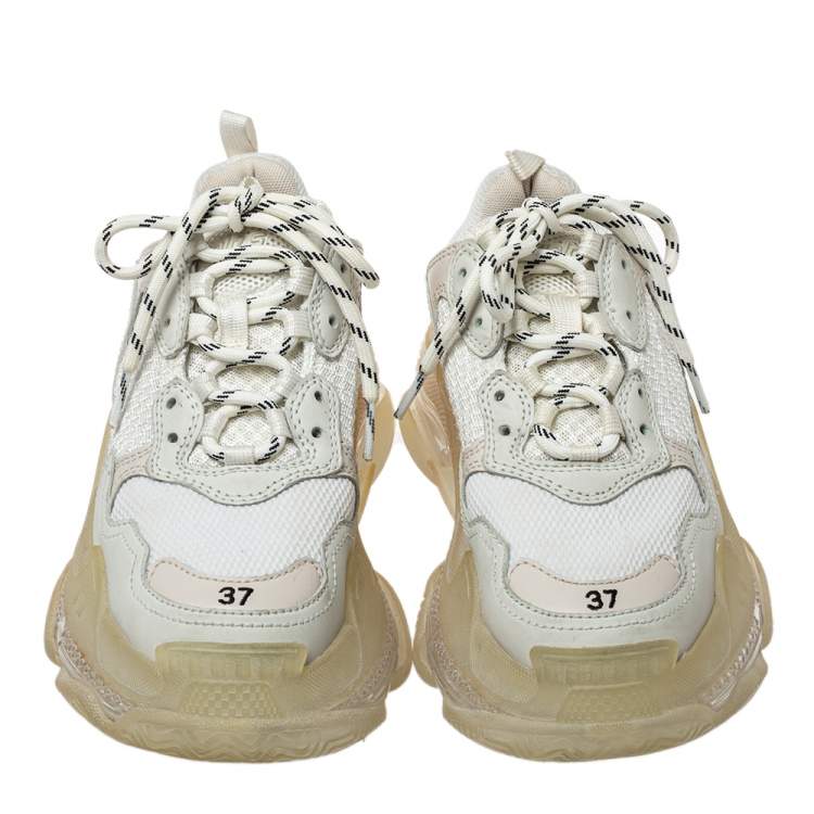 Pre Owned Balenciaga White Mesh And Leather Triple S Clear Sole Low Top Sneakers Size 37