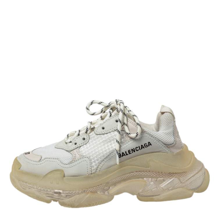 White Mesh And Leather Triple S Clear Sole Low Top Sneakers Size 37 Balenciaga | TLC