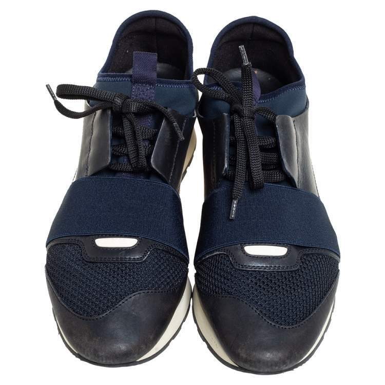 Pre Owned Balenciaga Black/Navy Blue Leather, Mesh Race Runner  Sneakers Size 39