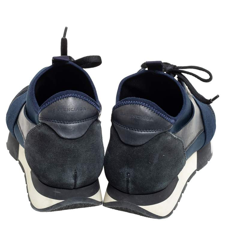 Pre Owned Balenciaga Black/Navy Blue Leather, Mesh Race Runner  Sneakers Size 39