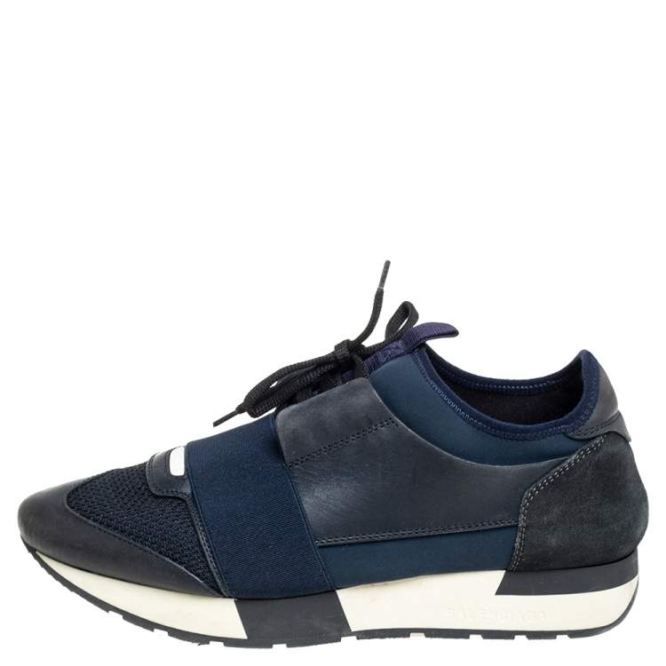 Pre Owned Balenciaga Black/Navy Blue Leather, Mesh Race Runner  Sneakers Size 39