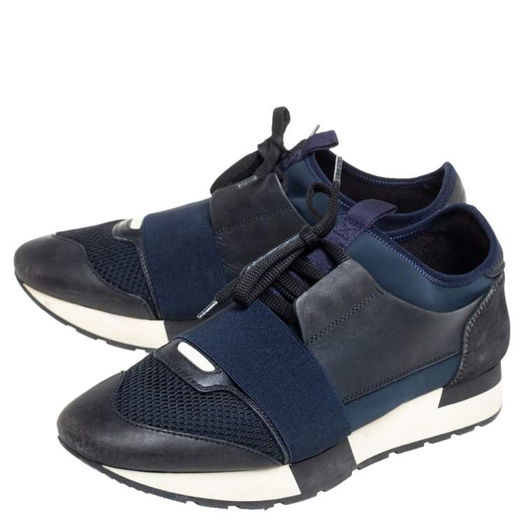 Pre Owned Balenciaga Black/Navy Blue Leather, Mesh Race Runner  Sneakers Size 39
