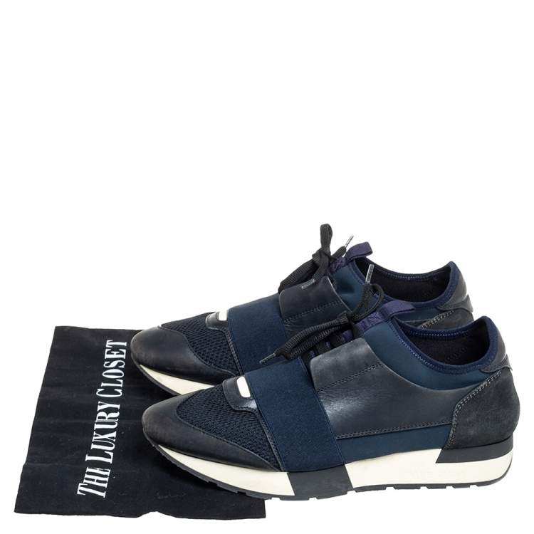 Pre Owned Balenciaga Black/Navy Blue Leather, Mesh Race Runner  Sneakers Size 39