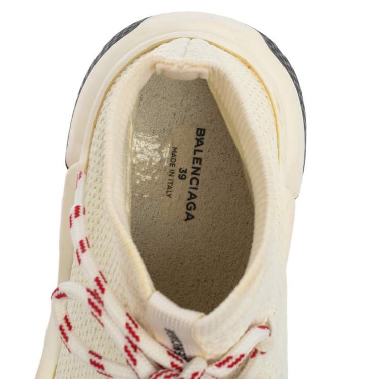 Pre Owned Balenciaga Cream Knit Fabric Speed Trainer Lace Up High Top Sneakers Size 39