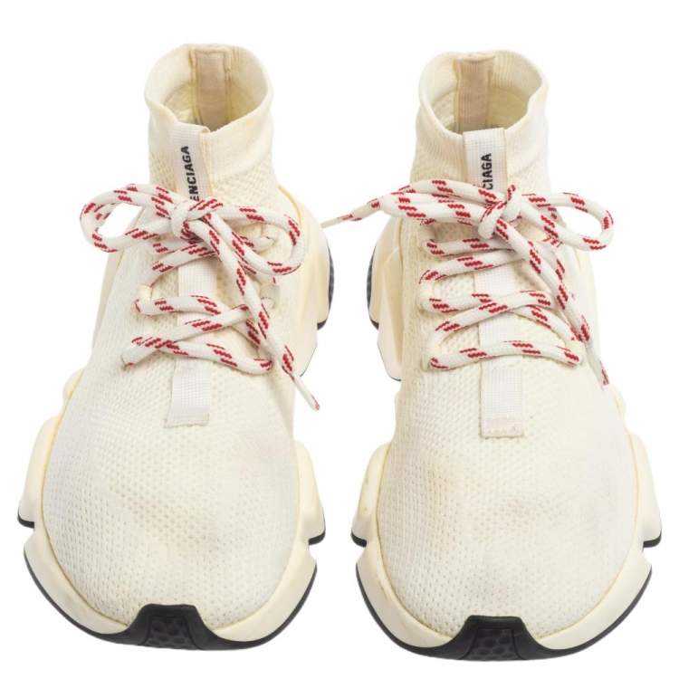 Pre Owned Balenciaga Cream Knit Fabric Speed Trainer Lace Up High Top Sneakers Size 39