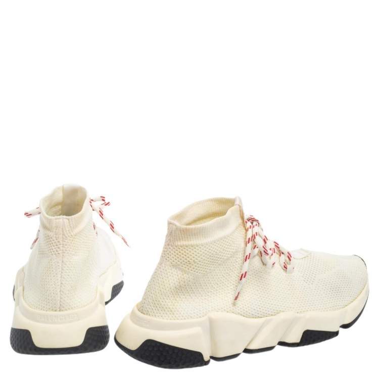 Pre Owned Balenciaga Cream Knit Fabric Speed Trainer Lace Up High Top Sneakers Size 39