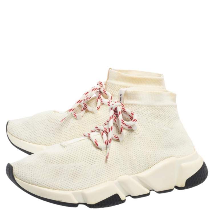 Pre Owned Balenciaga Cream Knit Fabric Speed Trainer Lace Up High Top Sneakers Size 39