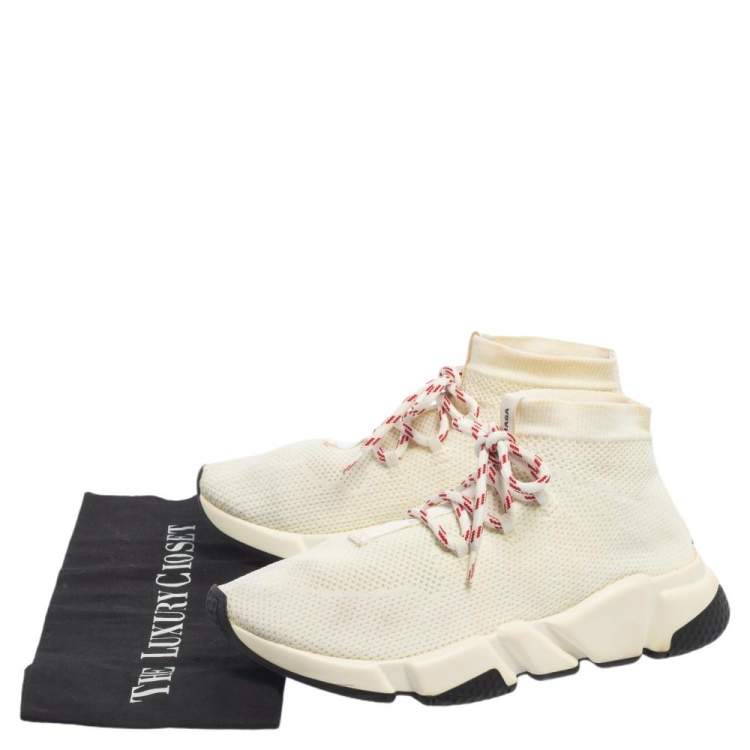 Pre Owned Balenciaga Cream Knit Fabric Speed Trainer Lace Up High Top Sneakers Size 39
