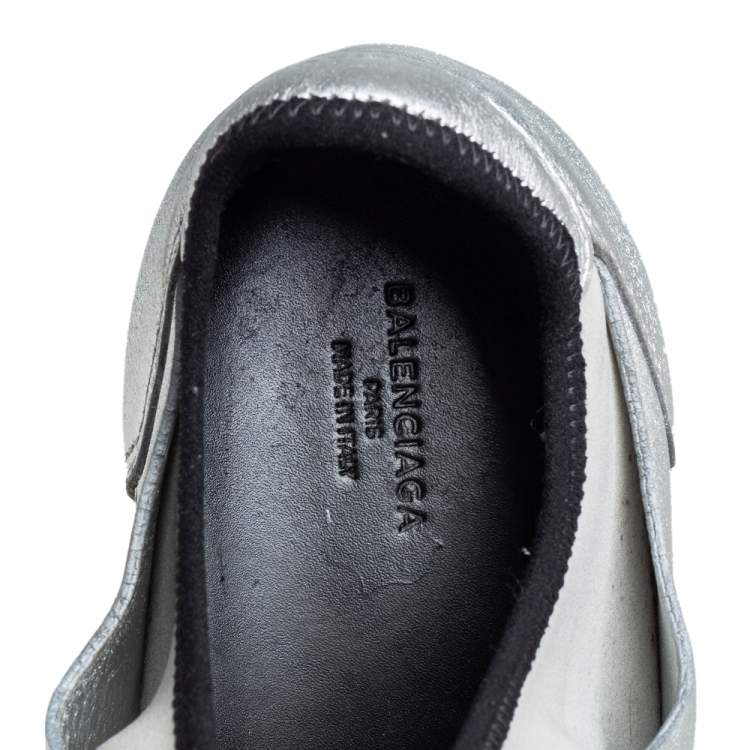 Pre Owned Balenciaga Silver Leather And Knit Fabric Race Runner Low Top Sneakers Size 38