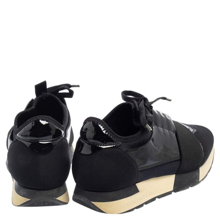 Pre Owned Balenciaga Black Patent Leather And Neoprene Race Runner Low Top Sneakers Size 37