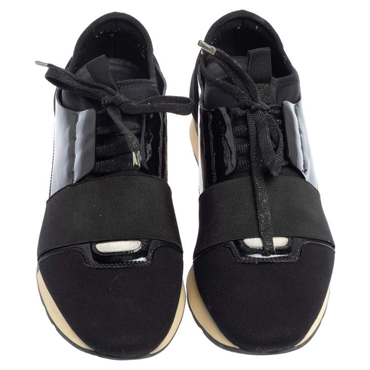 Pre Owned Balenciaga Black Patent Leather And Neoprene Race Runner Low Top Sneakers Size 37