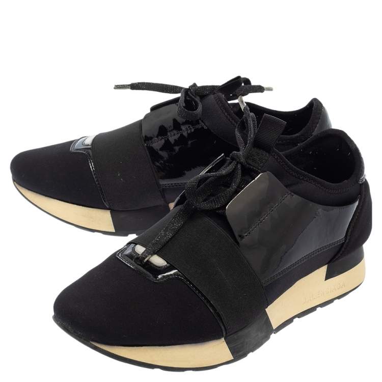 Pre Owned Balenciaga Black Patent Leather And Neoprene Race Runner Low Top Sneakers Size 37