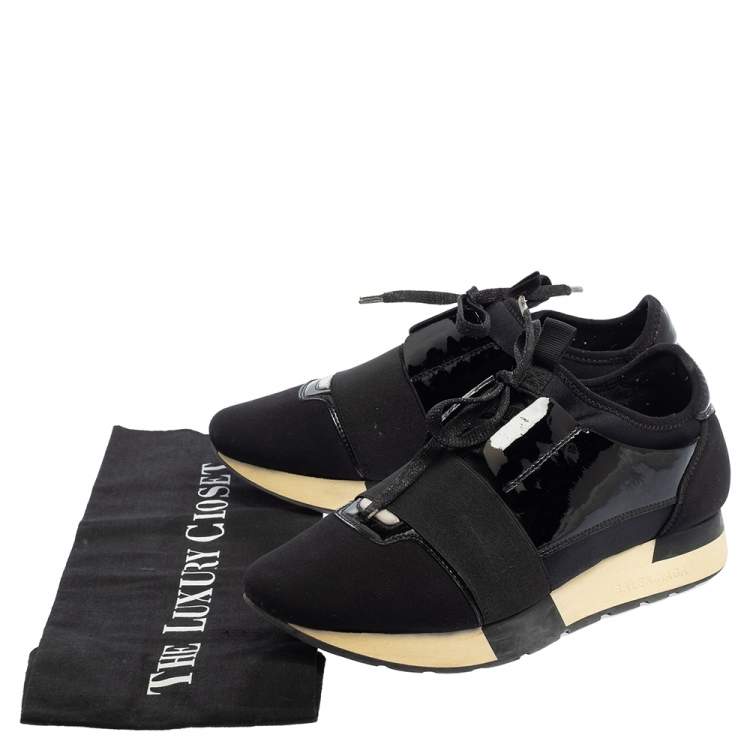 Pre Owned Balenciaga Black Patent Leather And Neoprene Race Runner Low Top Sneakers Size 37