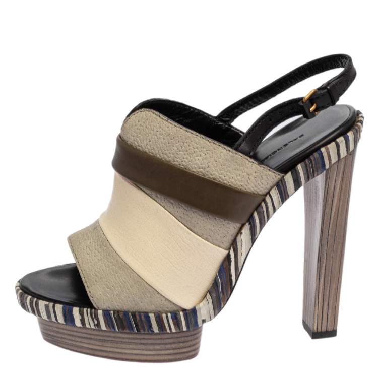 Pre Owned Balenciaga Tricolor Leather and Suede Platform Slingback Sandals Size 38