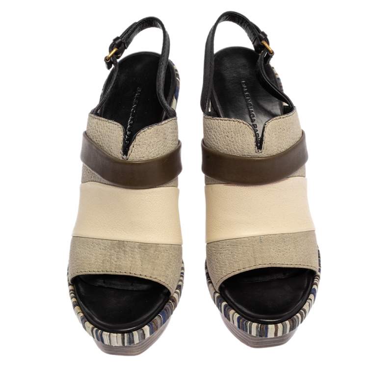 Pre Owned Balenciaga Tricolor Leather and Suede Platform Slingback Sandals Size 38