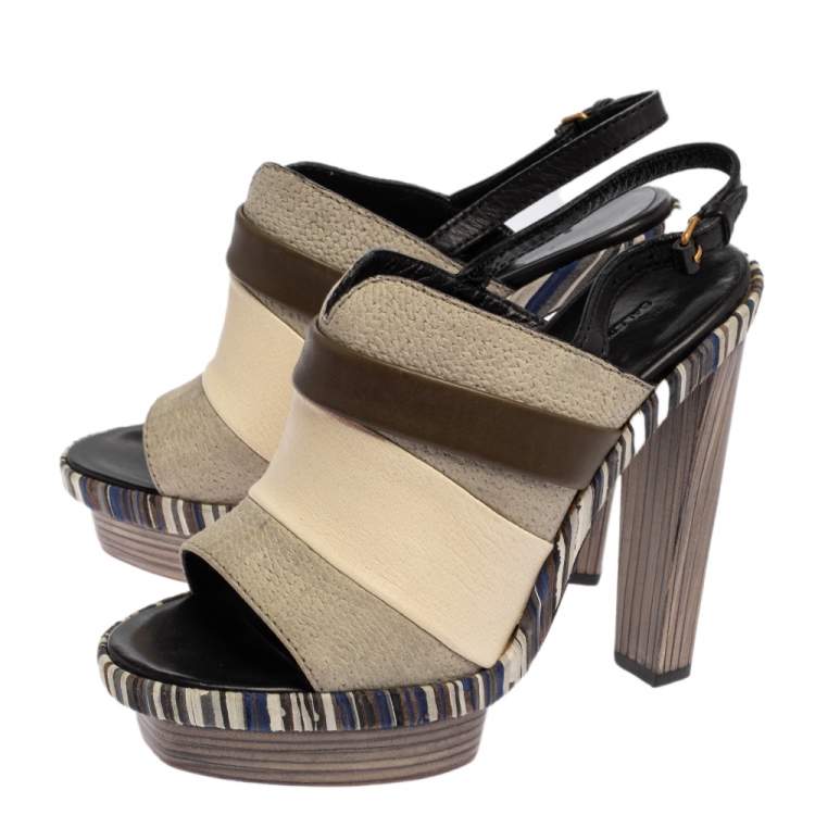 Pre Owned Balenciaga Tricolor Leather and Suede Platform Slingback Sandals Size 38
