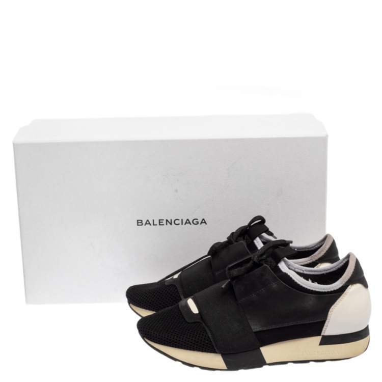 Pre Owned Balenciaga Black/White Patent Leather, Leather and Mesh Race Runner Sneakers Size 37