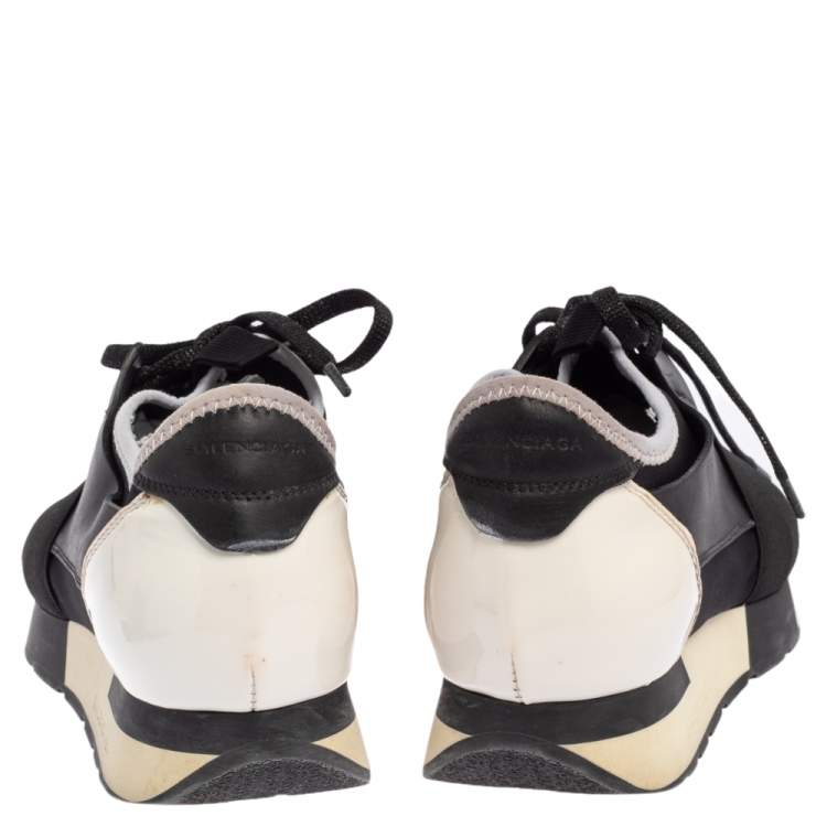 Pre Owned Balenciaga Black/White Patent Leather, Leather and Mesh Race Runner Sneakers Size 37