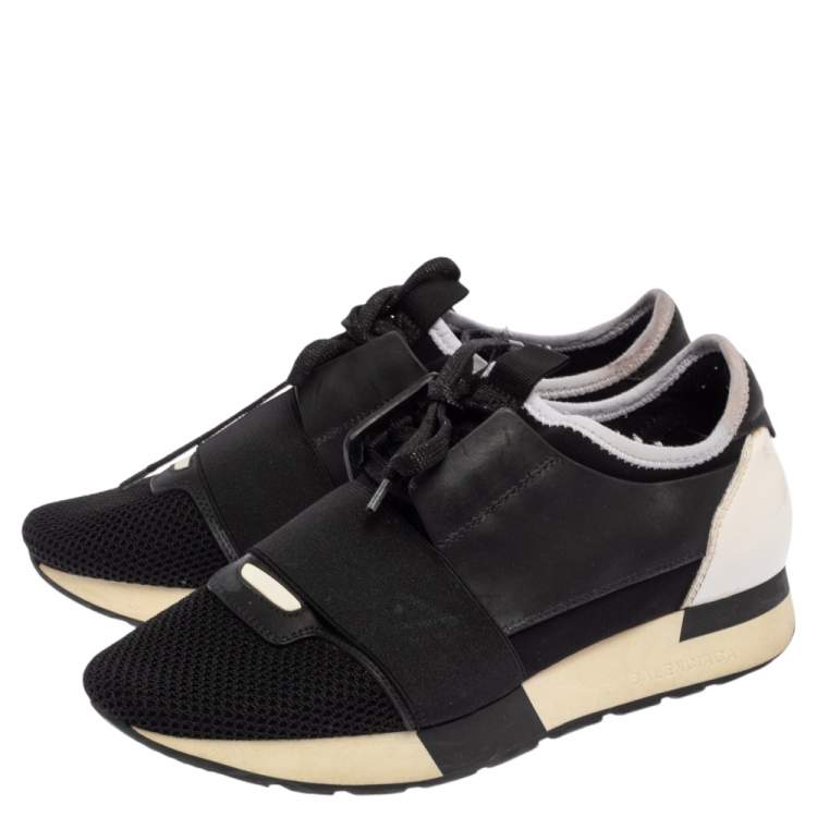 Pre Owned Balenciaga Black/White Patent Leather, Leather and Mesh Race Runner Sneakers Size 37