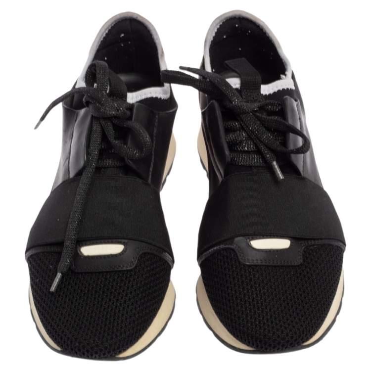 Pre Owned Balenciaga Black/White Patent Leather, Leather and Mesh Race Runner Sneakers Size 37