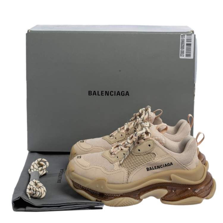Pre Owned Balenciaga Beige Leather and Mesh Triple S Clear Sneakers Size 37