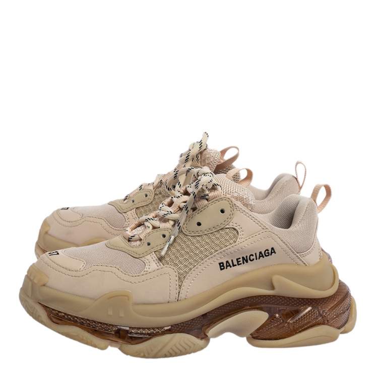 Pre Owned Balenciaga Beige Leather and Mesh Triple S Clear Sneakers Size 37