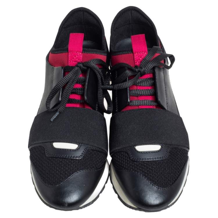 Pre Owned Balenciaga Fuchsia/Black Leather and Mesh Race Runner Sneakers Size 36