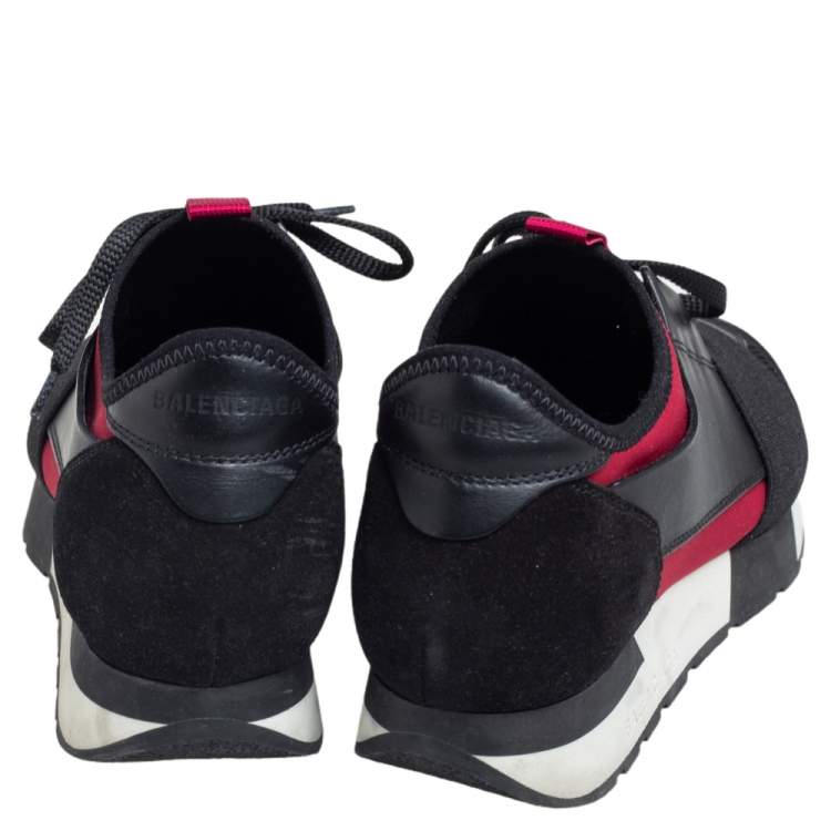 Pre Owned Balenciaga Fuchsia/Black Leather and Mesh Race Runner Sneakers Size 36