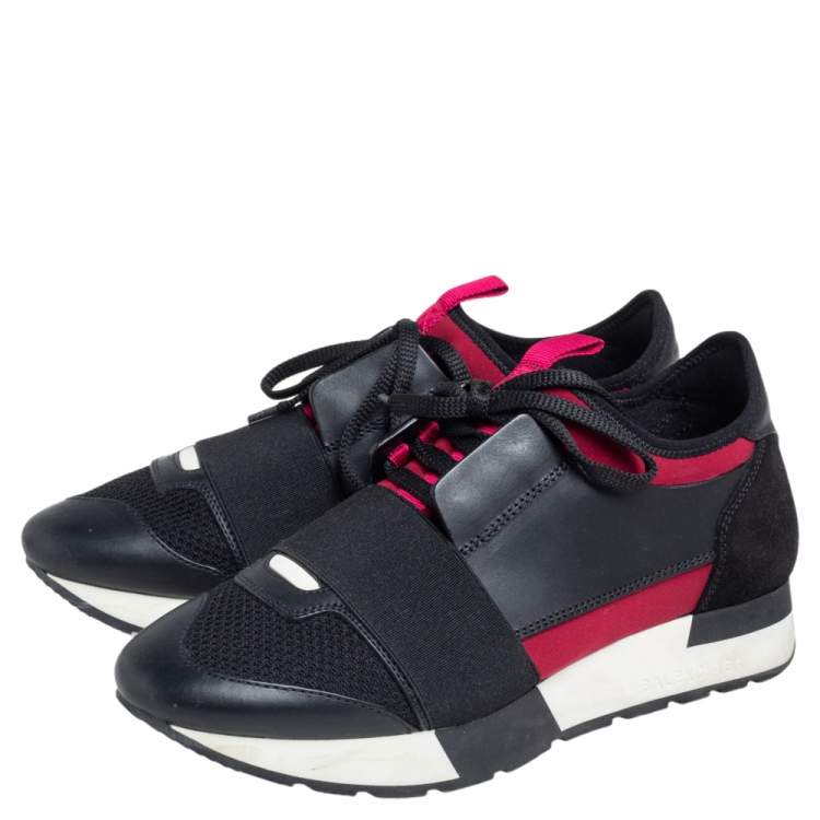 Pre Owned Balenciaga Fuchsia/Black Leather and Mesh Race Runner Sneakers Size 36