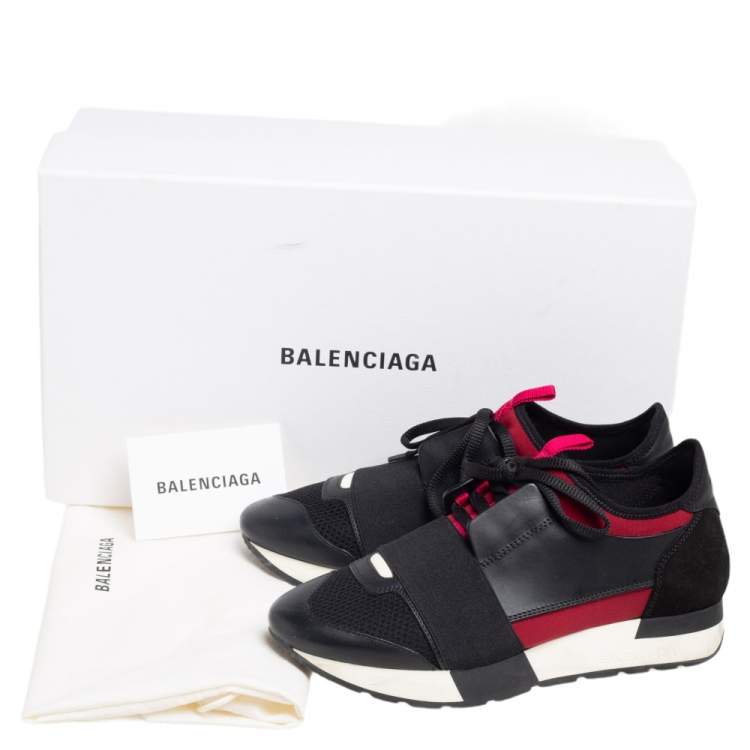 Pre Owned Balenciaga Fuchsia/Black Leather and Mesh Race Runner Sneakers Size 36